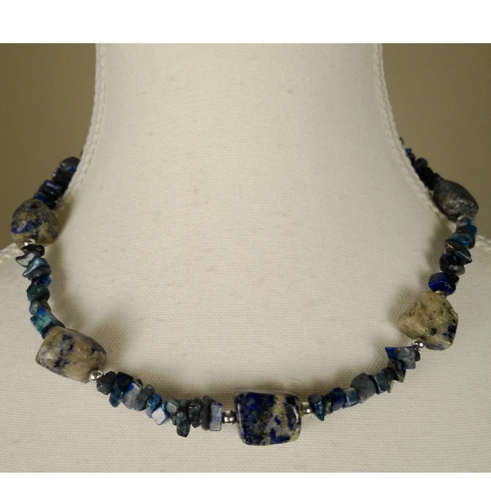 Blue Lapis Lazuli Sodalite Natural Stone Chip Beaded Necklace Adjustable 18-20